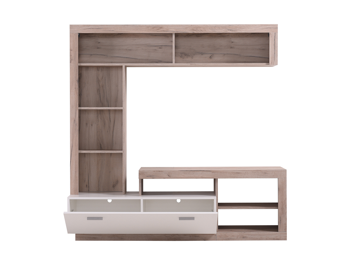 Parete attrezzata soggiorno, finitura Rovere grigio e Bianco opaco