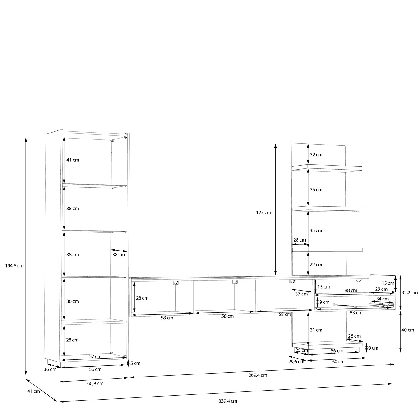 Parete attrezzata con mobile sospeso, 340x194x41 h cm, Bianco gesso e Rovere valencia Zenzero Shop