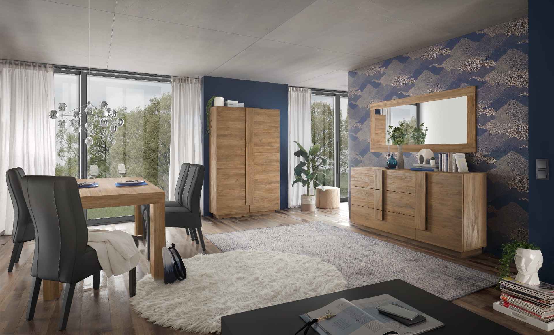 Soggiorno moderno scontato con tavolo, credenza e colonna in finitura Mercure