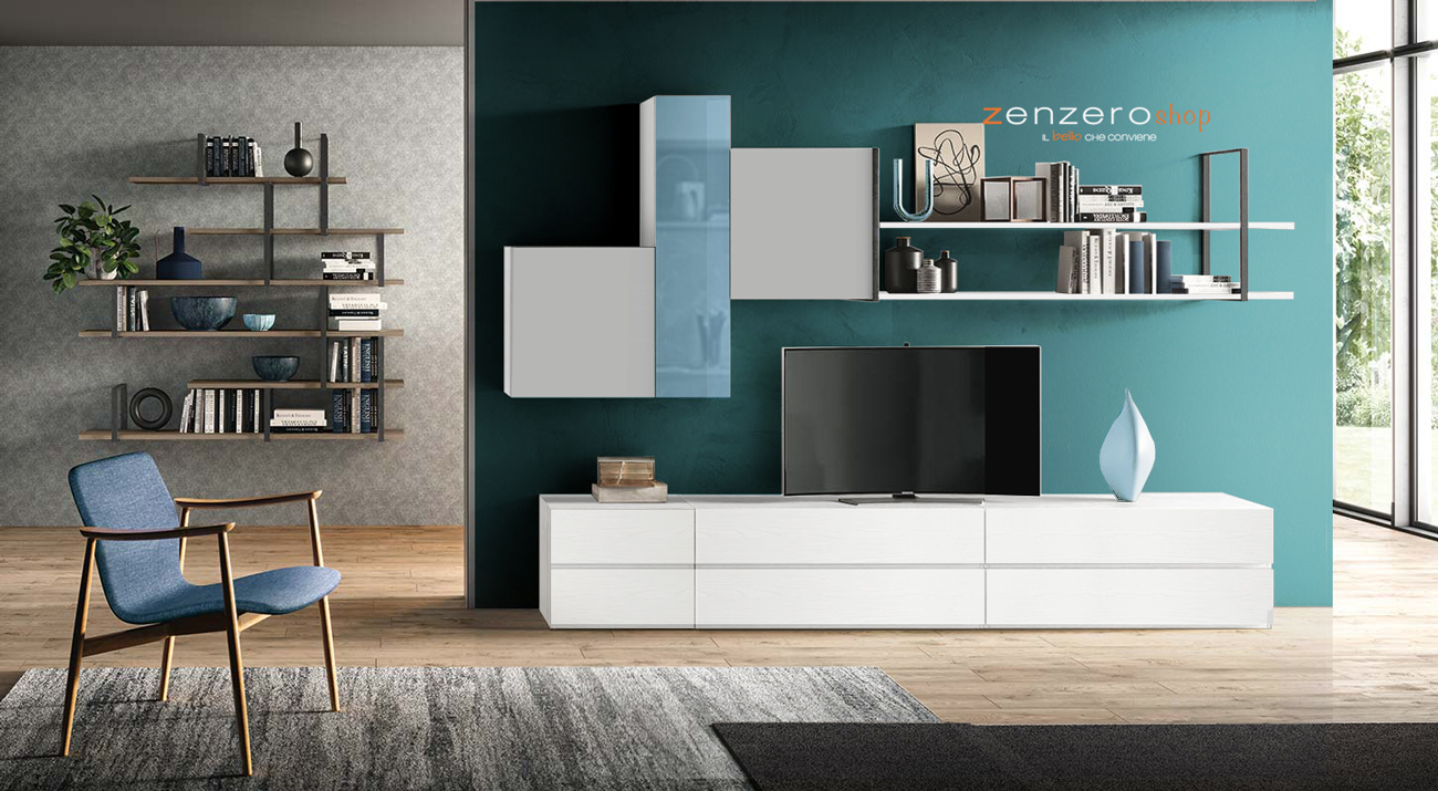 Parete attrezzata Perwana in finitura Frassinato bianco, Grigio opaco e Vetro azzurro