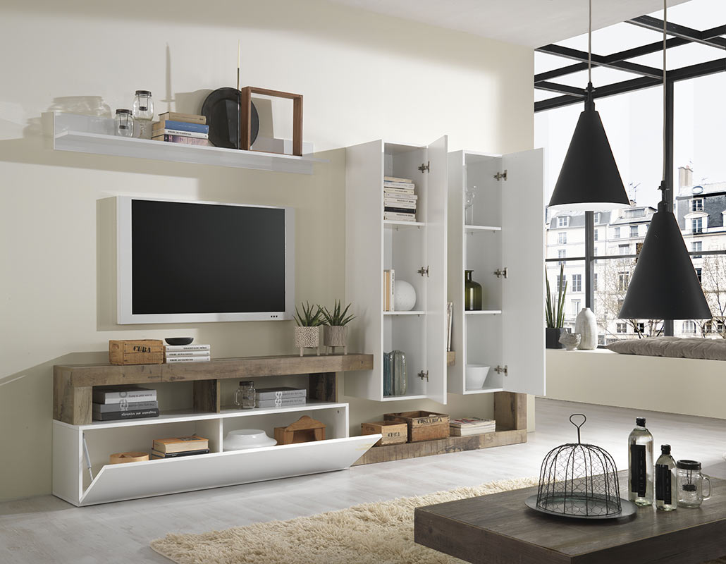 Soggiorno moderno con parete attrezzata e madia a 2 ante in finitura bianco lucido e cemento