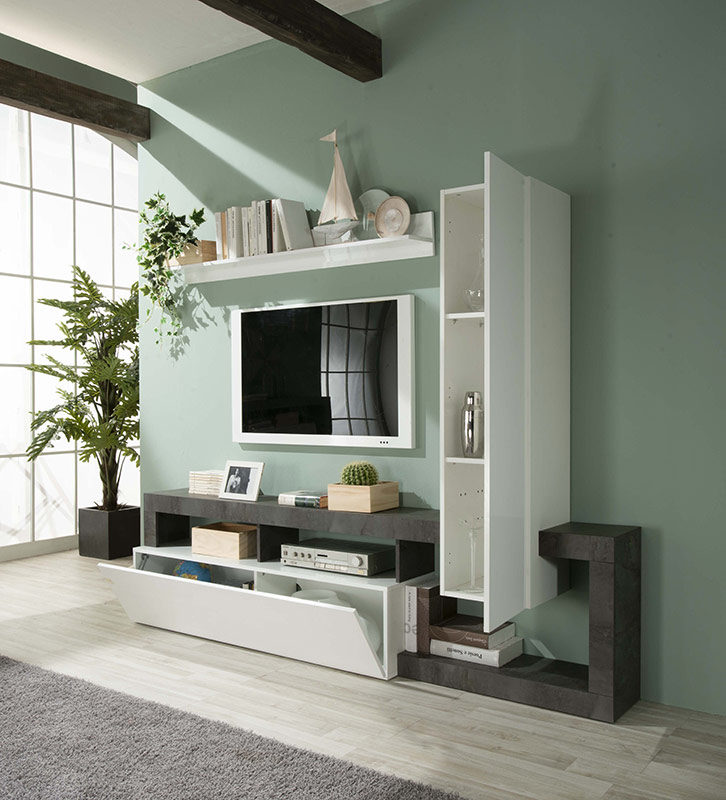 Soggiorno moderno di design composto da parete attrezzata e madia a 2 ante in finitura bianco e Pero Zenzero Shop