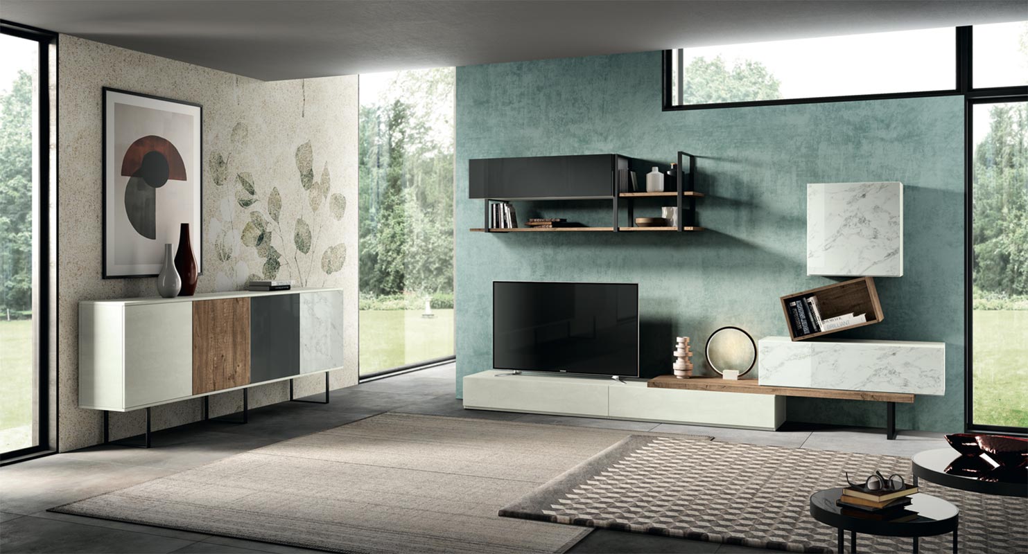 Soggiorno Delfino composto da parete attrezzata e madia  in finitura Bianco Calce, Rovere nordico, Vetro marmo white  e Vetro antracite