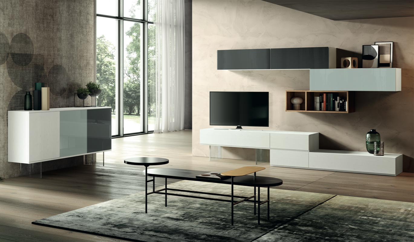 Soggiorno Boomerang con parete e madia  in finitura Frassinato bianco, Rovere nordico, Vetro grigio e Vetro antracite