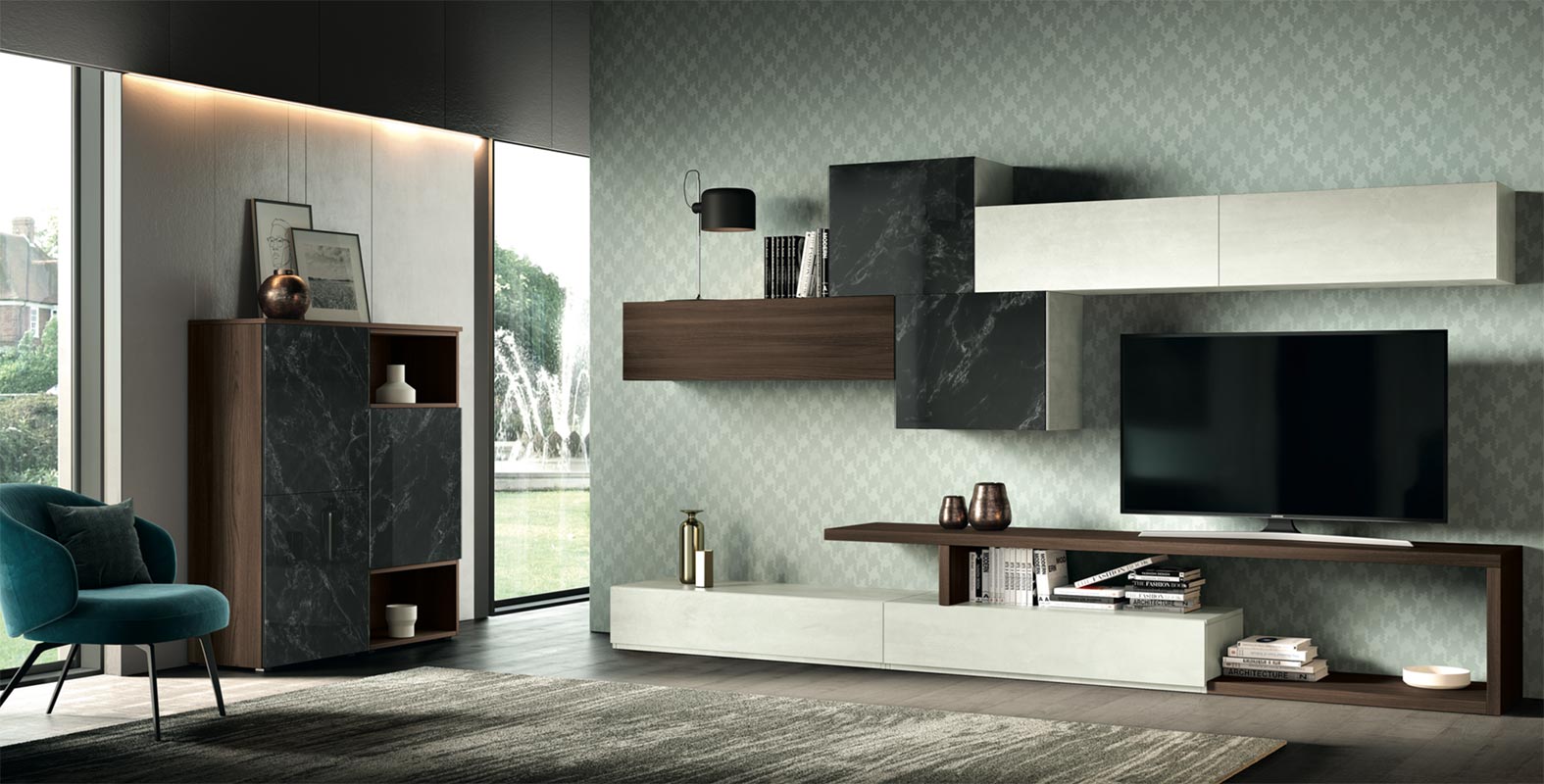 Madia moderna Cuore con 3 ante   in finitura Bianco calce, Quercia brown e Vetro marmo dark