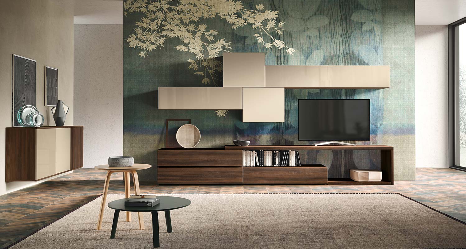 Madia sospesa Granchio con 3 ante in finitura Quercia brown, Terra opaco e Vetro corda