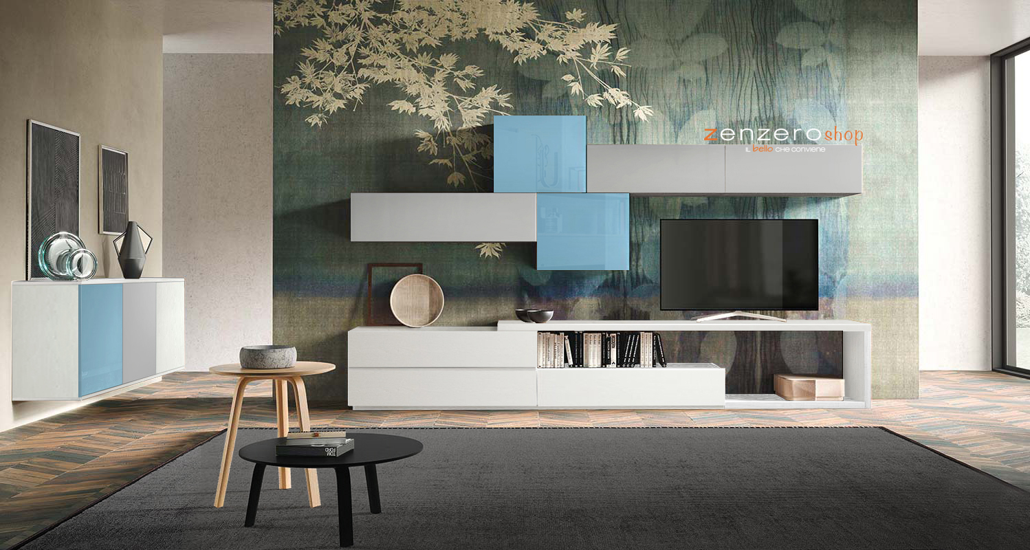 Madia sospesa Spe con 3 ante in finitura Frassinato bianco, Vetro azzurro e Grigio opaco