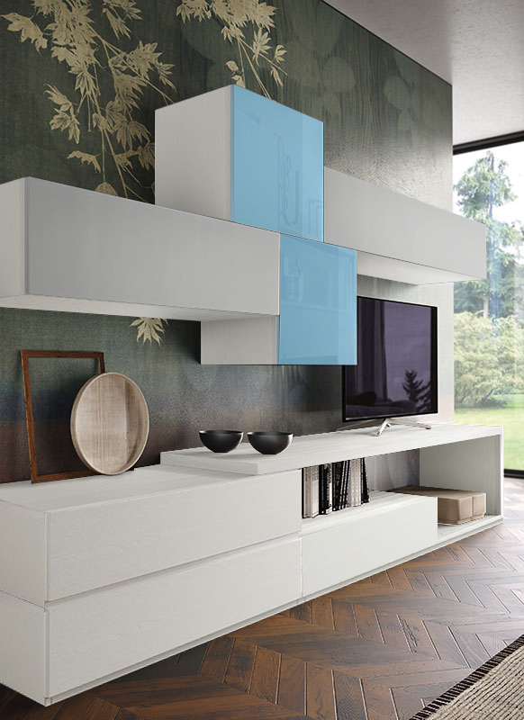 Parete attrezzata Isagel  in finitura Bianco frassinato, Grigio opaco e Vetro azzurro