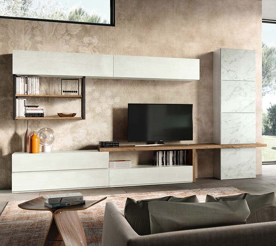 Parete attrezzata Saturno in finitura Bianco calce, Rovere nordico e Vetro marmo white