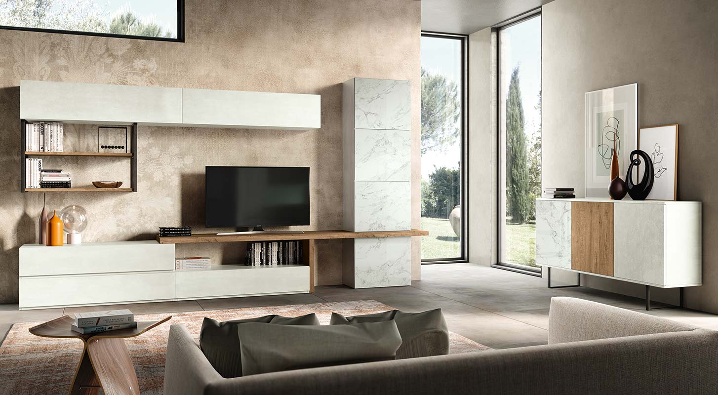 Madia  moderna Shapley con 3 ante in finitura Bianco calce, Rovere nordico e Vetro marmo white