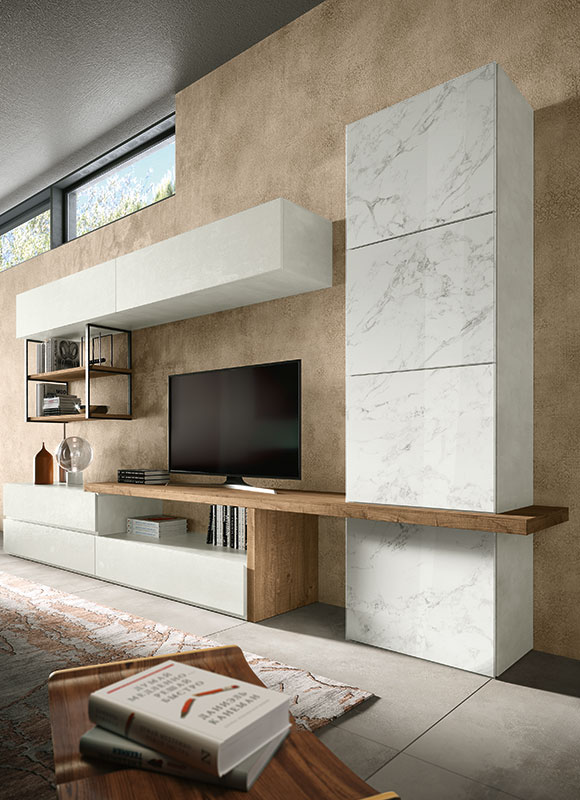 Parete attrezzata Saturno in finitura Bianco calce, Rovere nordico e Vetro marmo white