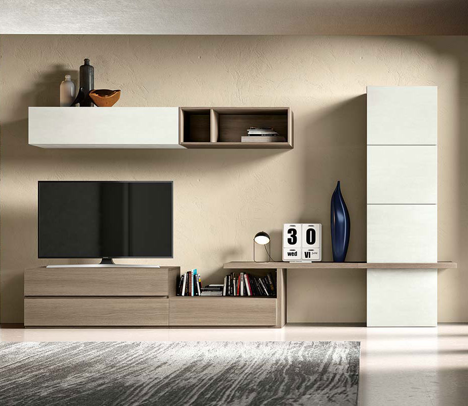 Parete attrezzata Urano in finitura Bianco calce e Olmo