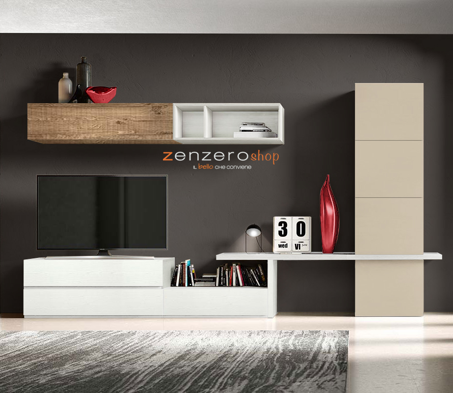 Parete attrezzata Harriot in finitura Bianco frassinato, Rovere nodato e Terra opaco