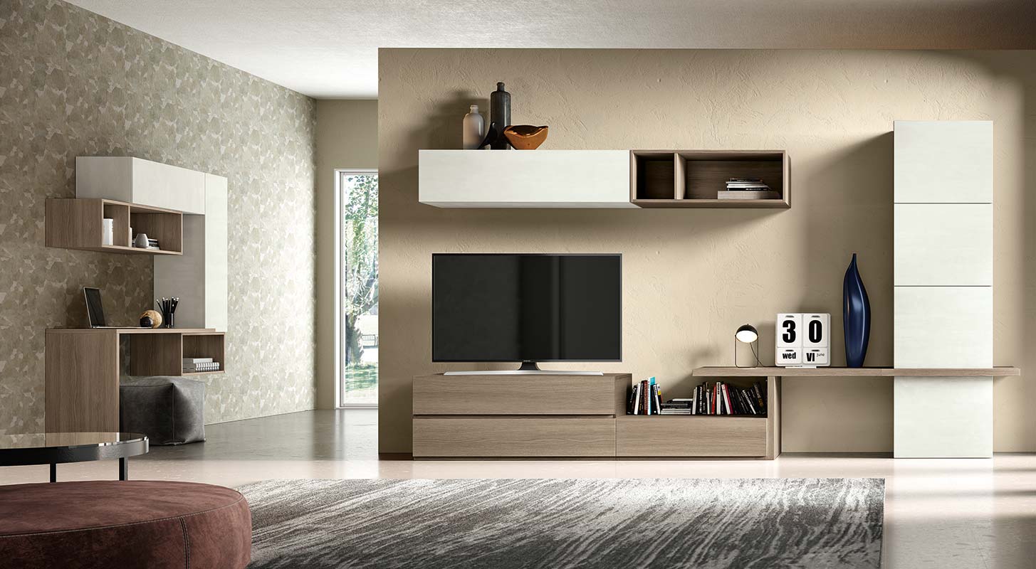 Zona studio Anima in finitura Bianco calce e Olmo