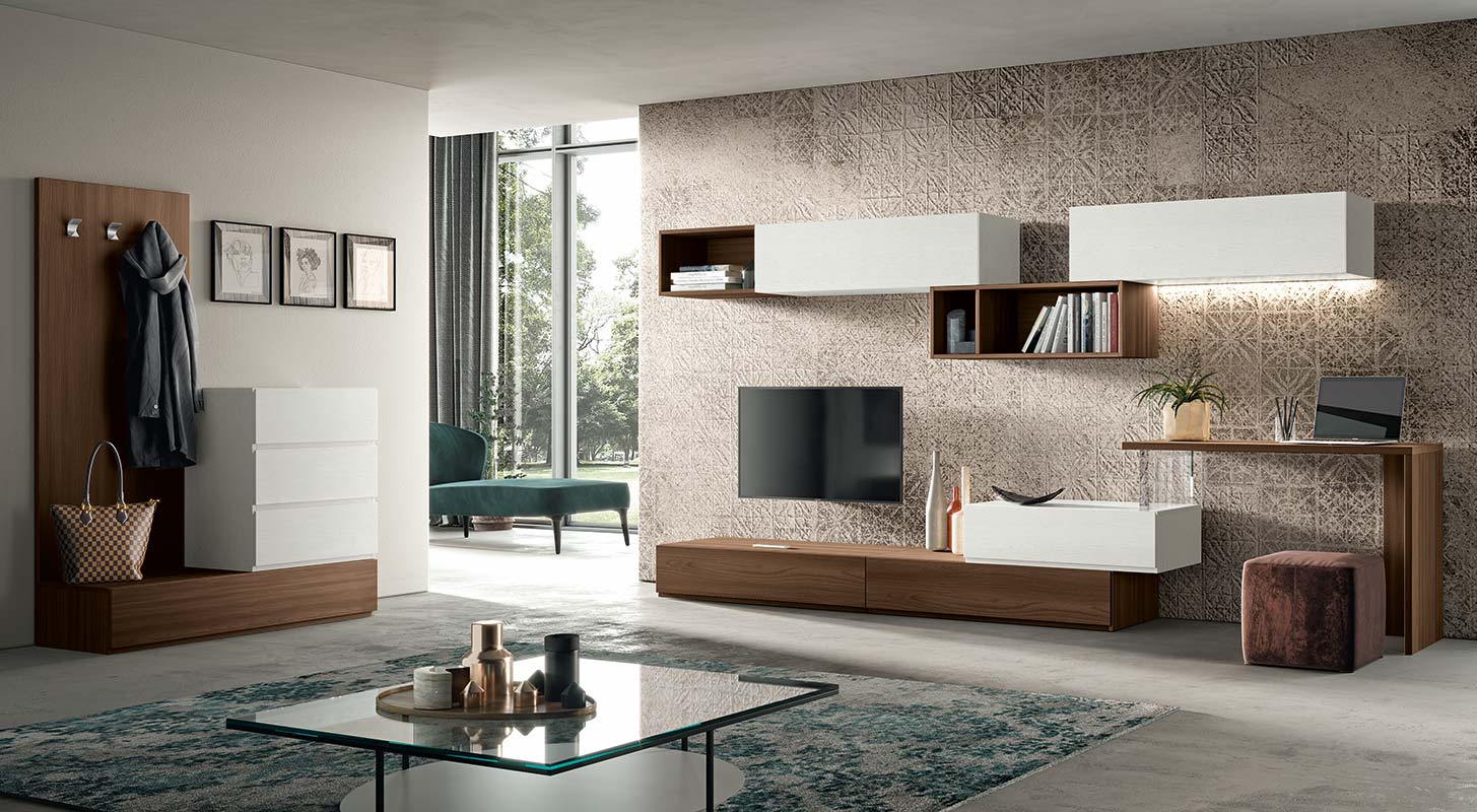 Parete attrezzata Nettuno in finitura Bianco frassinato e Quercia brown