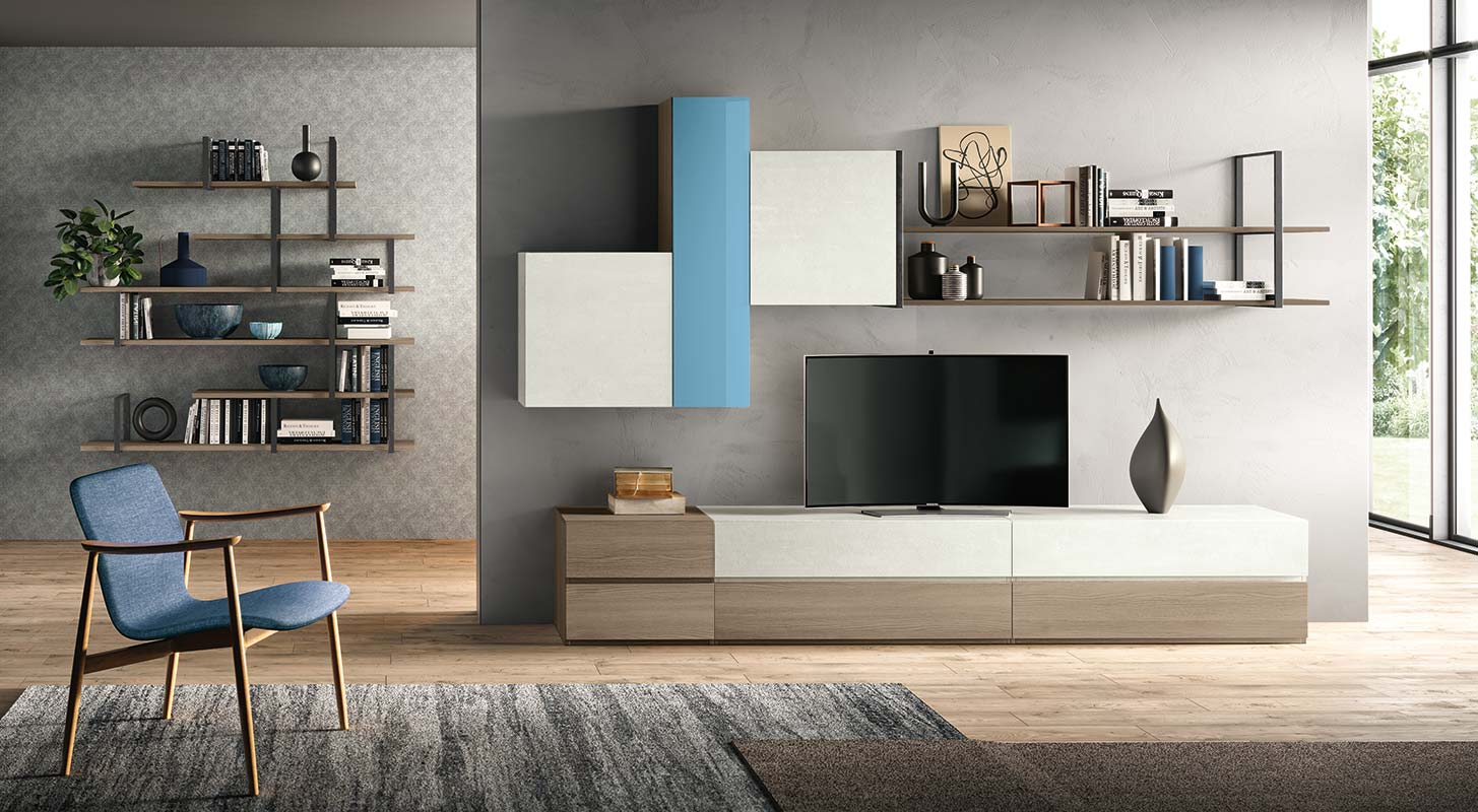 Parete attrezzata Plutone in finitura Olmo, Bianco calce e Vetro azzurro