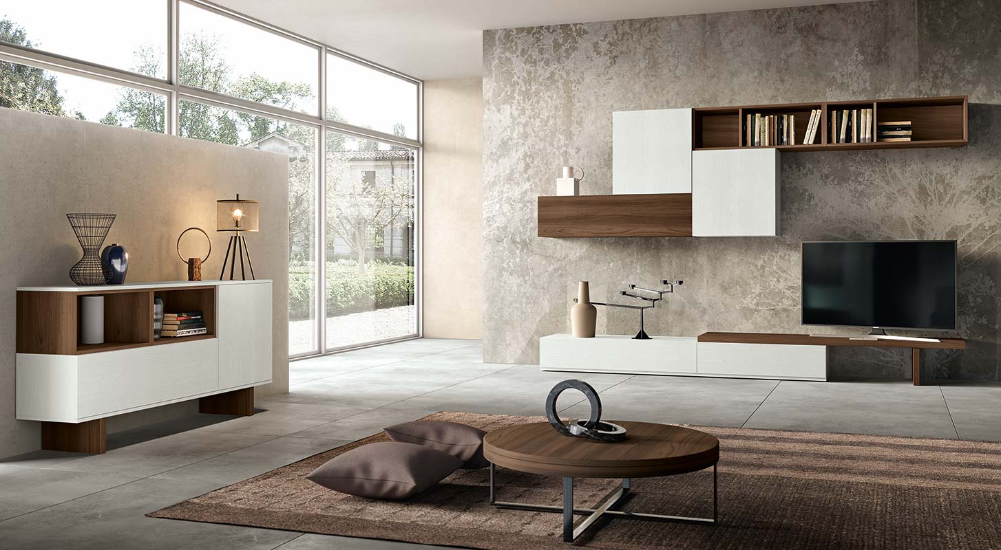 Soggiorno moderno Pacman con parete attrezzta e madia a 2 ante in finitura Bianco frassinato e Quercia brown