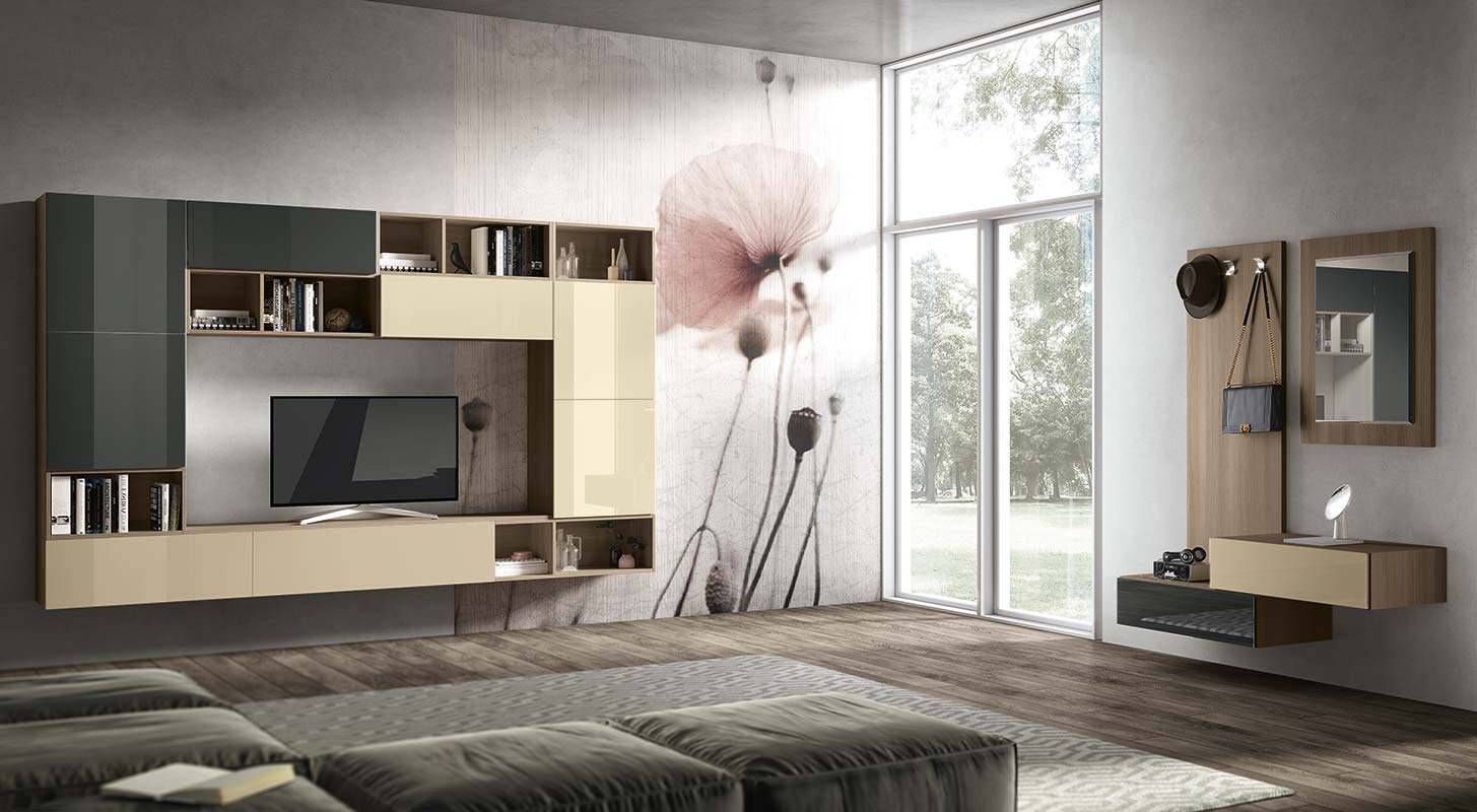 Ingresso moderno Gufo in finitura Olmo, Vetro sabbia e Vetro antracite