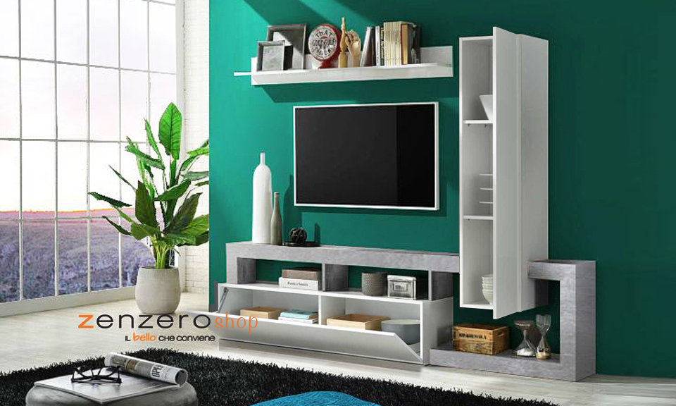 Parete attrezzata con 1 pensile verticale, una ribalta e una mensola in finitura bianco laccato lucido e Cemento