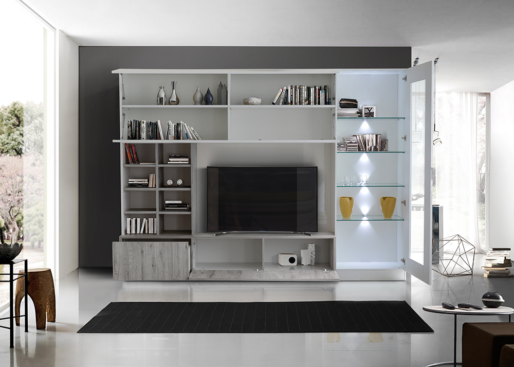 Parete attrezzata con vetrina e libreria in finitura grigia e bianco lucido