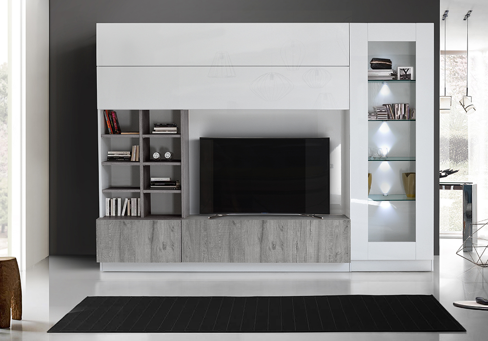 Parete attrezzata con vetrina e libreria in finitura grigia e bianco lucido