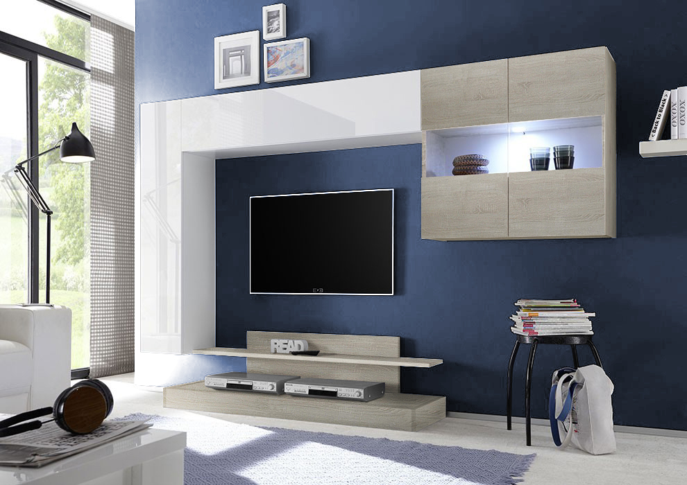 Soggiorno Zenzero, parete attrezzata bianco lucido e rovere samoa