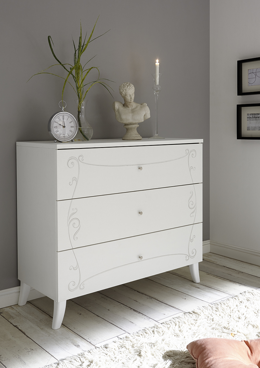 Comò bianco avatar di design con serigrafia frontale