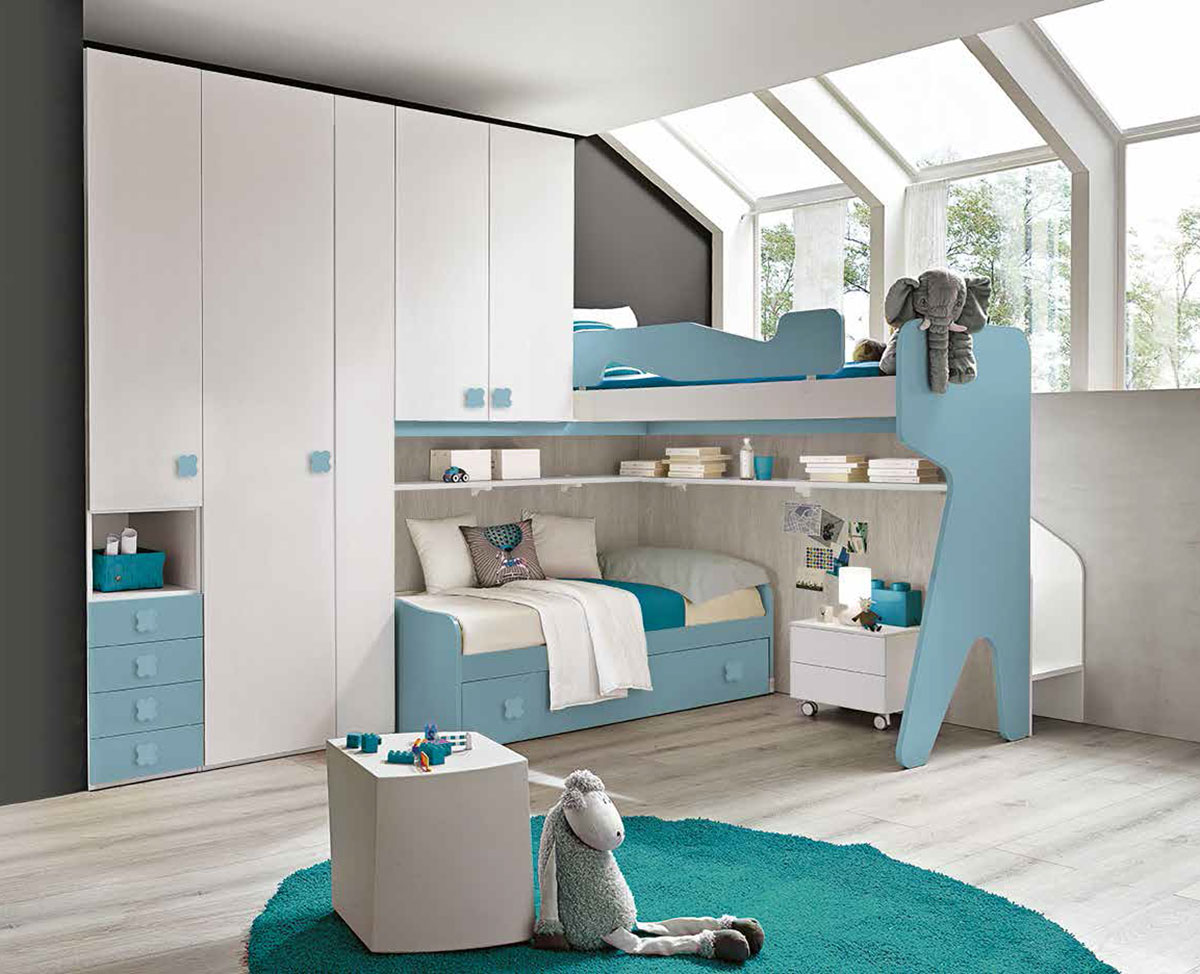 Cameretta soppalco angolare con passerella, finitura Bianco frassino, Celeste e Gessato cenere