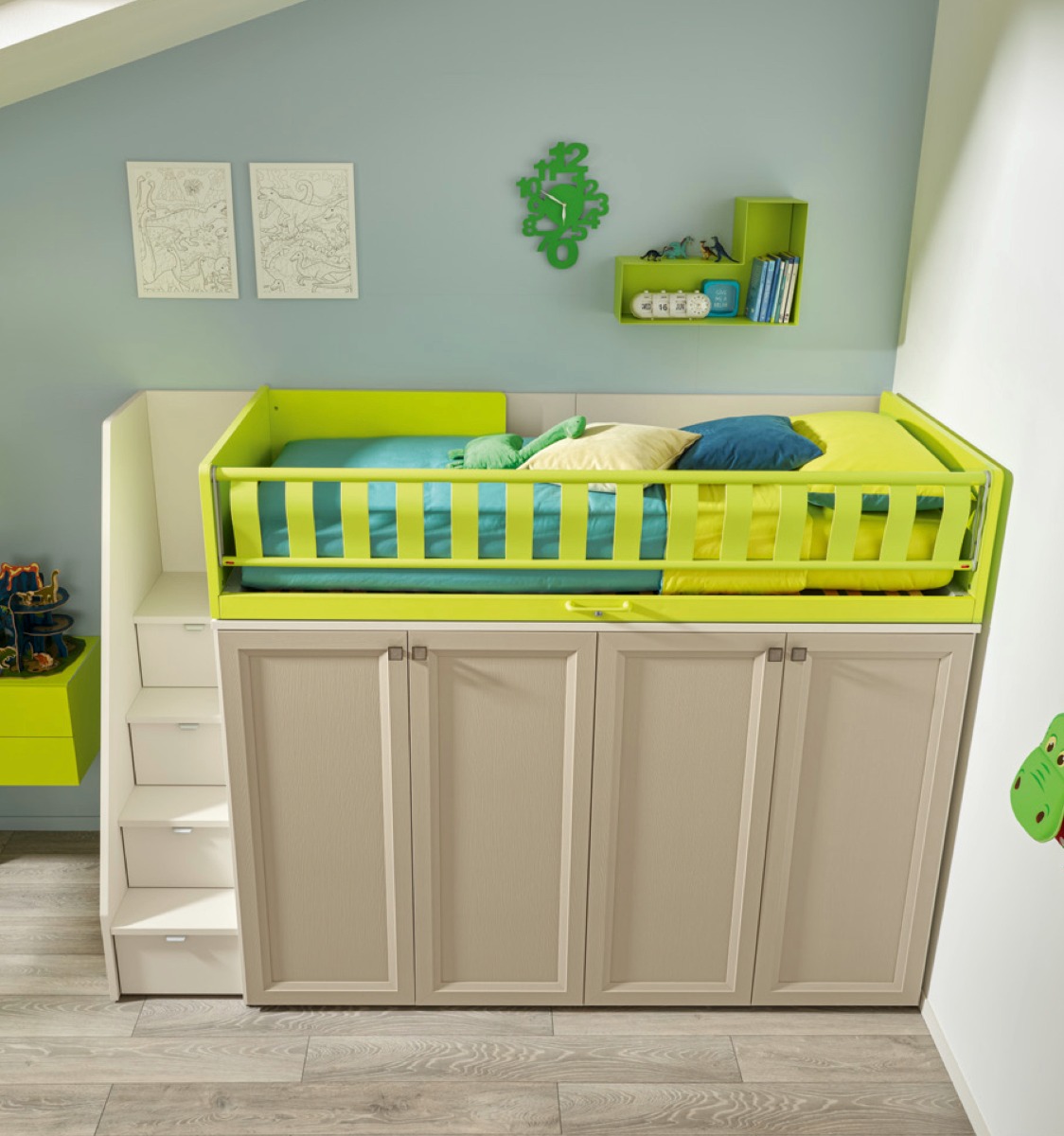 Letto a soppalco con passerella e armadio, Moretti Compact KC512