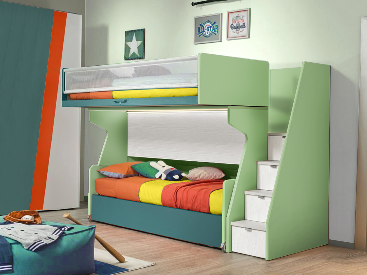 Letto a soppalco con passerella a 3 posti letto Moretti Compact, Flora e Pavone