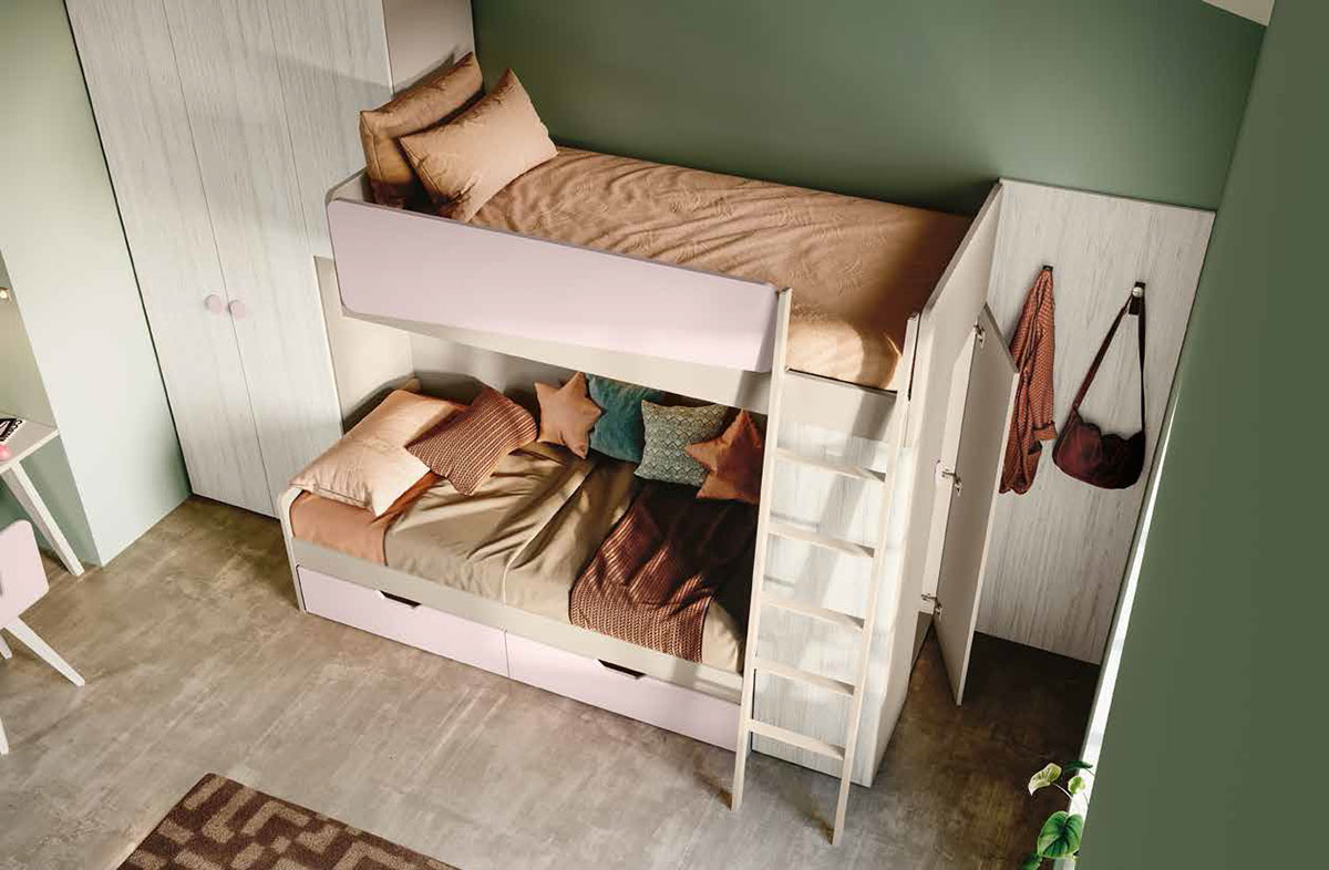 Soppalco camerette, finitura Bianco altea, Orzo e Rosa confetto