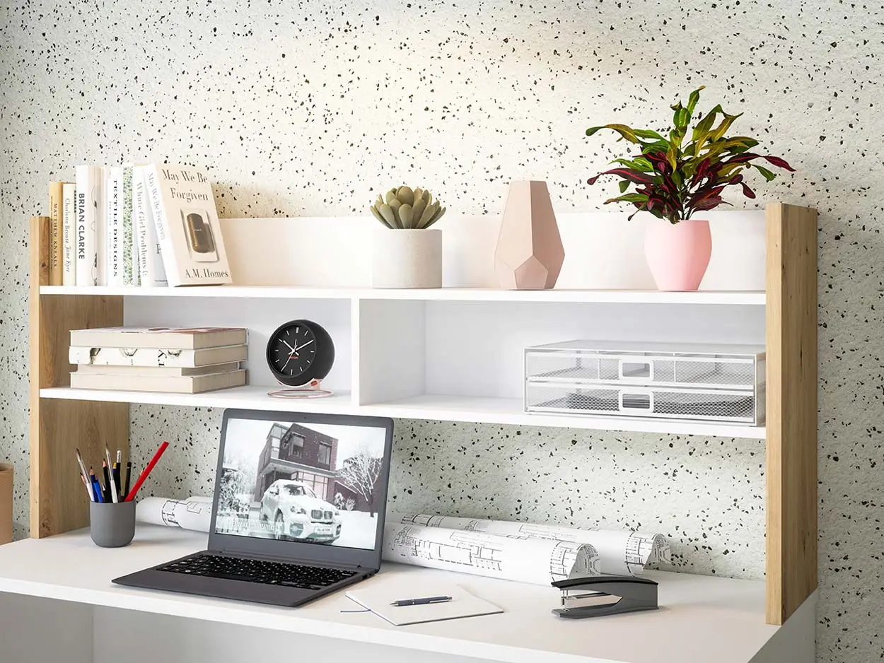 Scrivania con sopralzo, 140x52x132 h cm, Bianco e Rovere Artisan