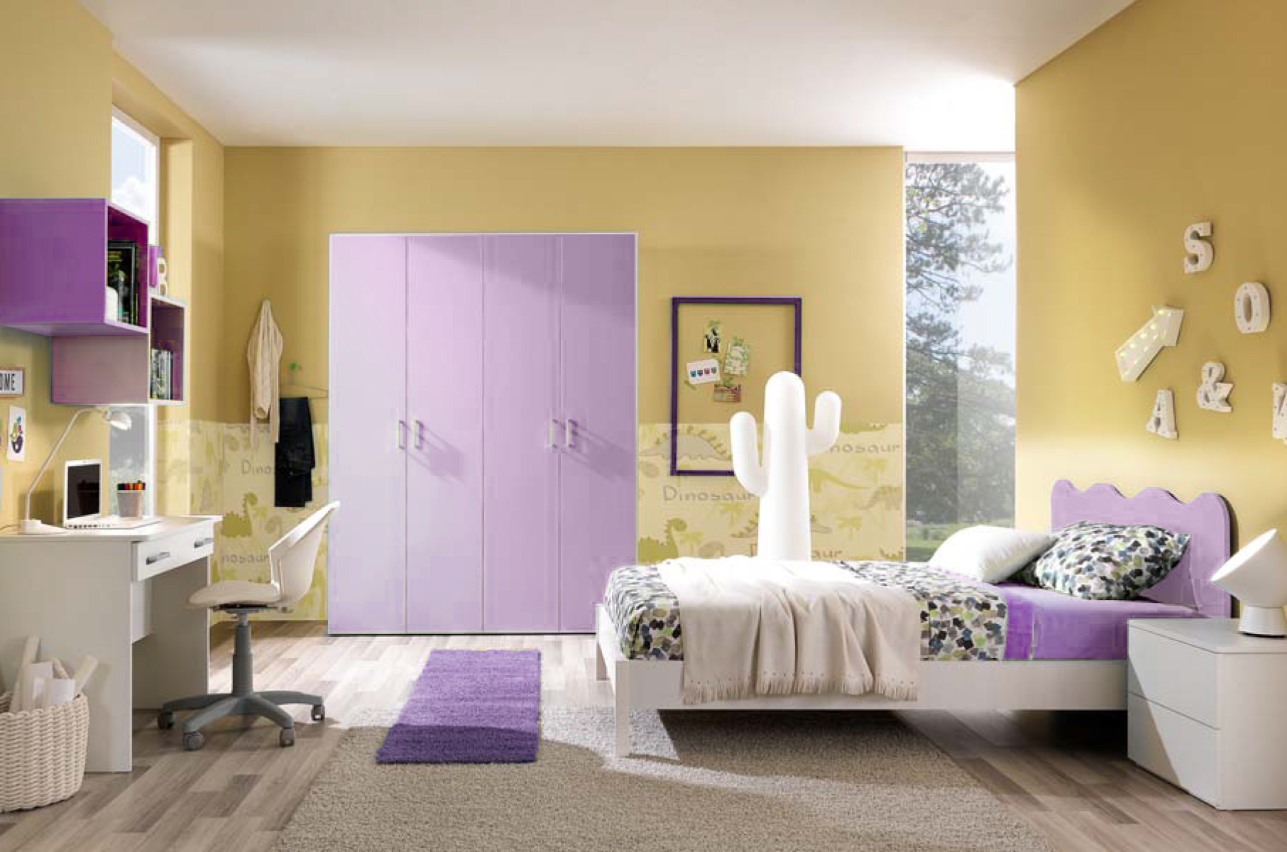 Cameretta completa linea onda con letto una piazza e mezza, bianco frassinato e lilla