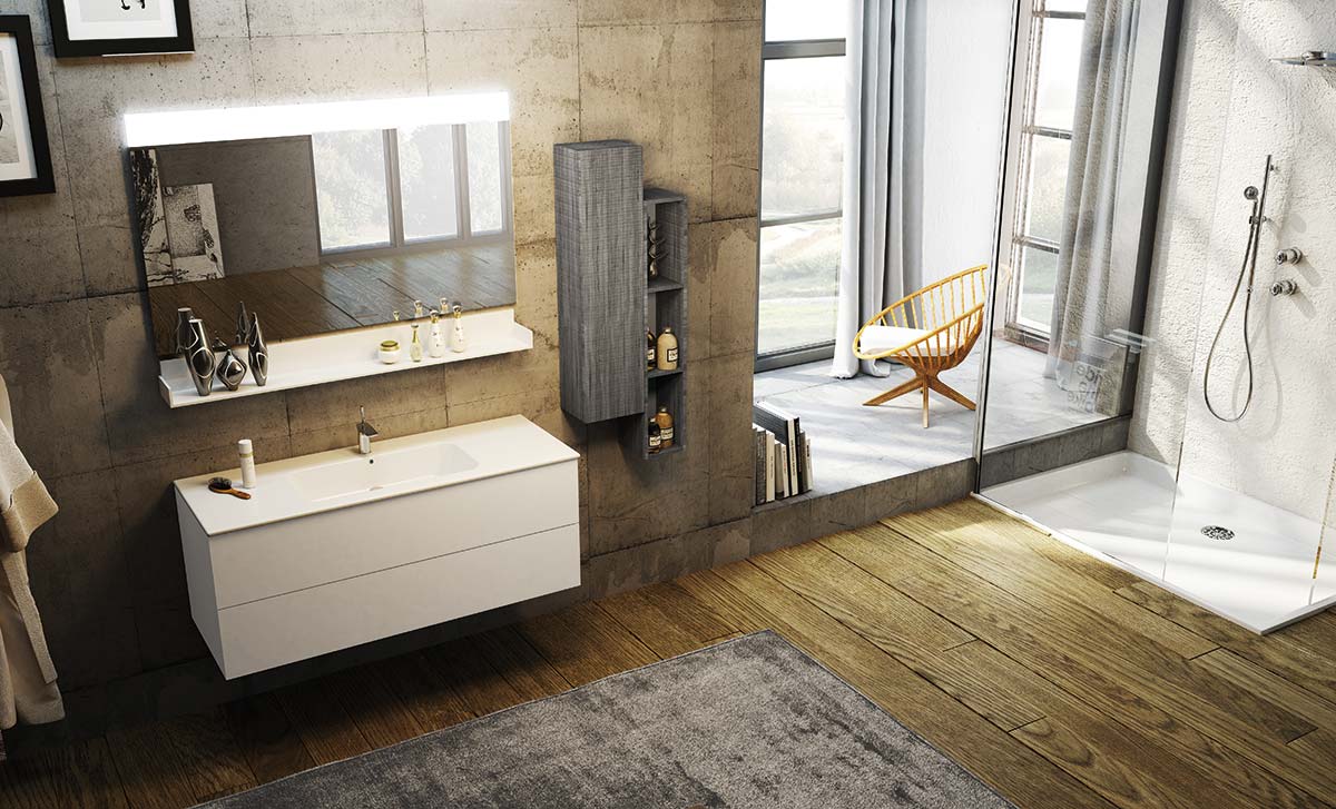 Mobile da bagno 2 cassetti sospeso, finitura Bianco opaco