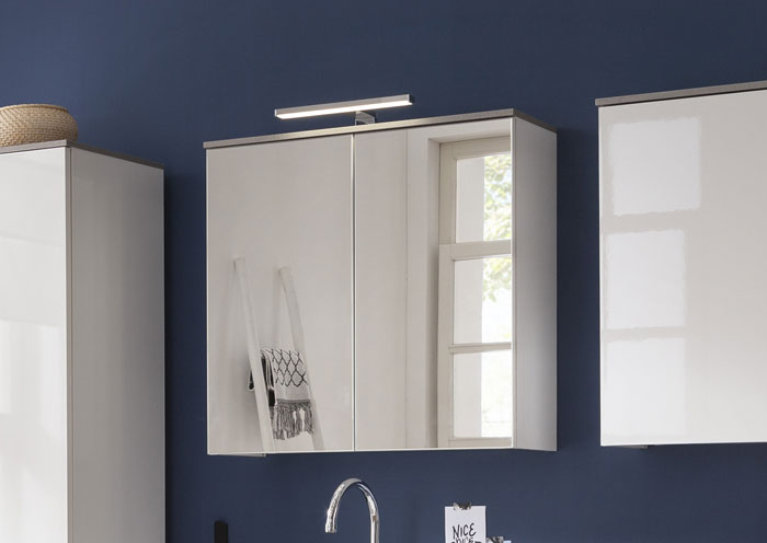 Pensile moderno a specchio, 2 ante, Bianco Laccato e top Grigio Cemento