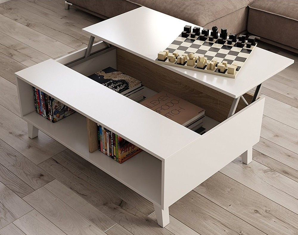 Tavolino moderno da salotto, colore bianco lucido e rovere canadian