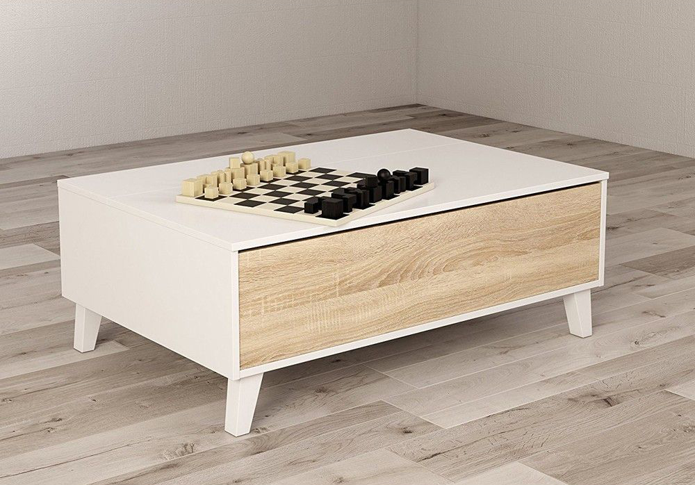 Tavolino moderno da salotto, colore bianco lucido e rovere canadian