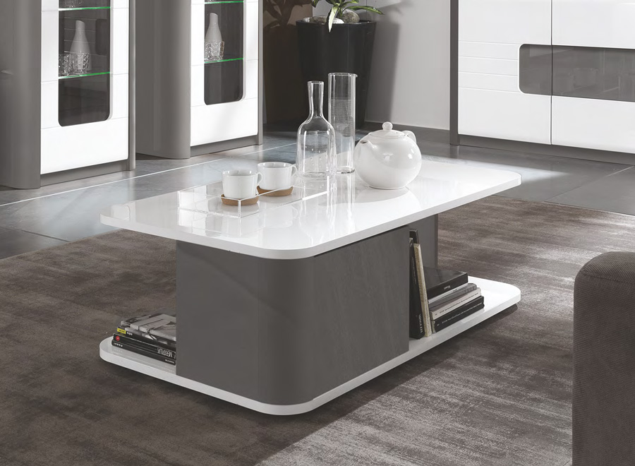 Tavolino da salotto con 2 ante, bianco lucido e grigio basalto lucido