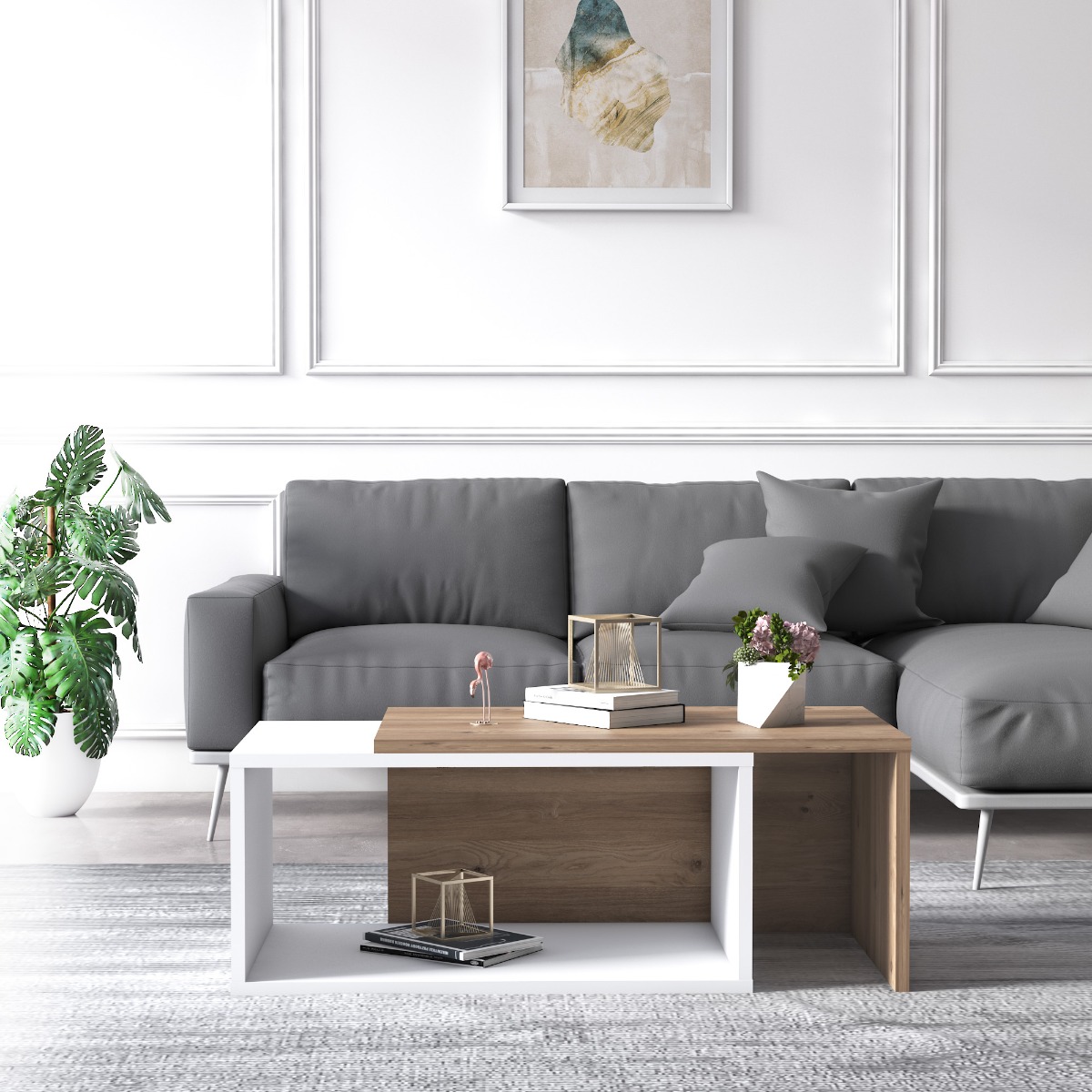 Tavolino Ankara da caffe con piano scorrevole, Bianco e Rovere