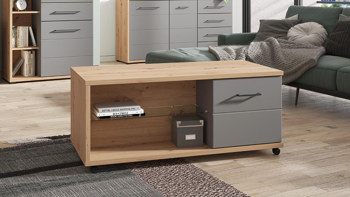 Tavolino per soggiorno Grigio grafie e rovere, 2 ante