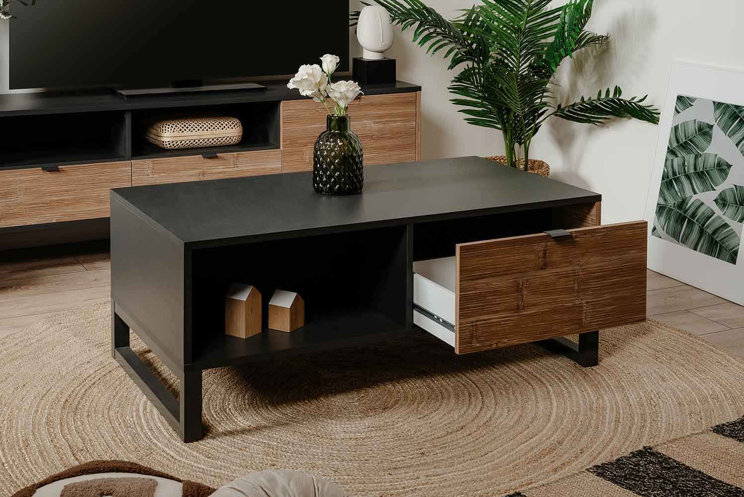 Tavolino scontato per soggiorno nordico in finitura antracite con cassetto bamboo