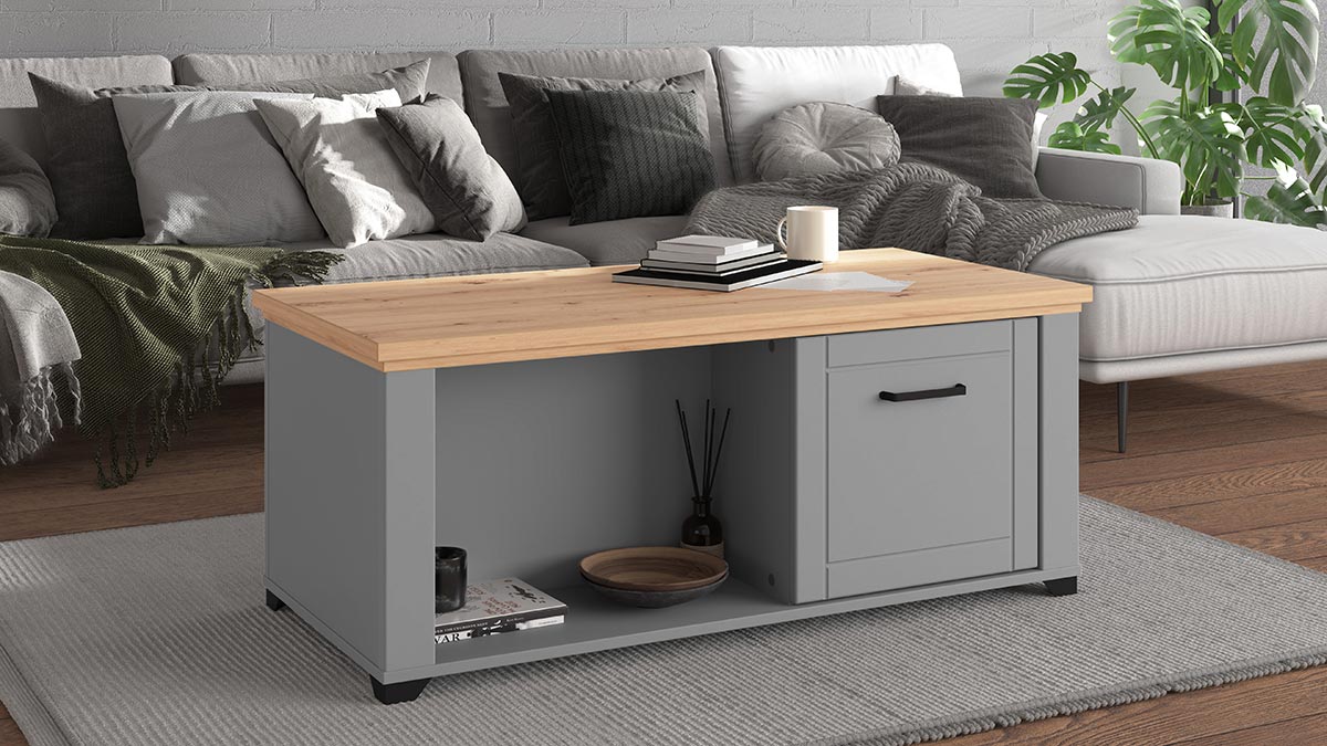 Tavolino soggiorno Grigio grafie e rovere, 2 cassetti