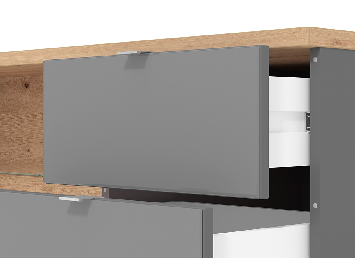 Tavolino con ruote a 2 cassetti, finitura Grigio e Rovere