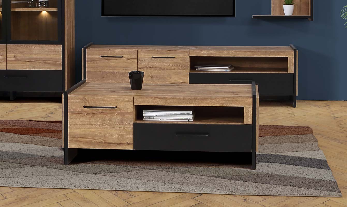 Tavolino 2 cassetti 2 ante, finitura Rovere Waterford e Nero