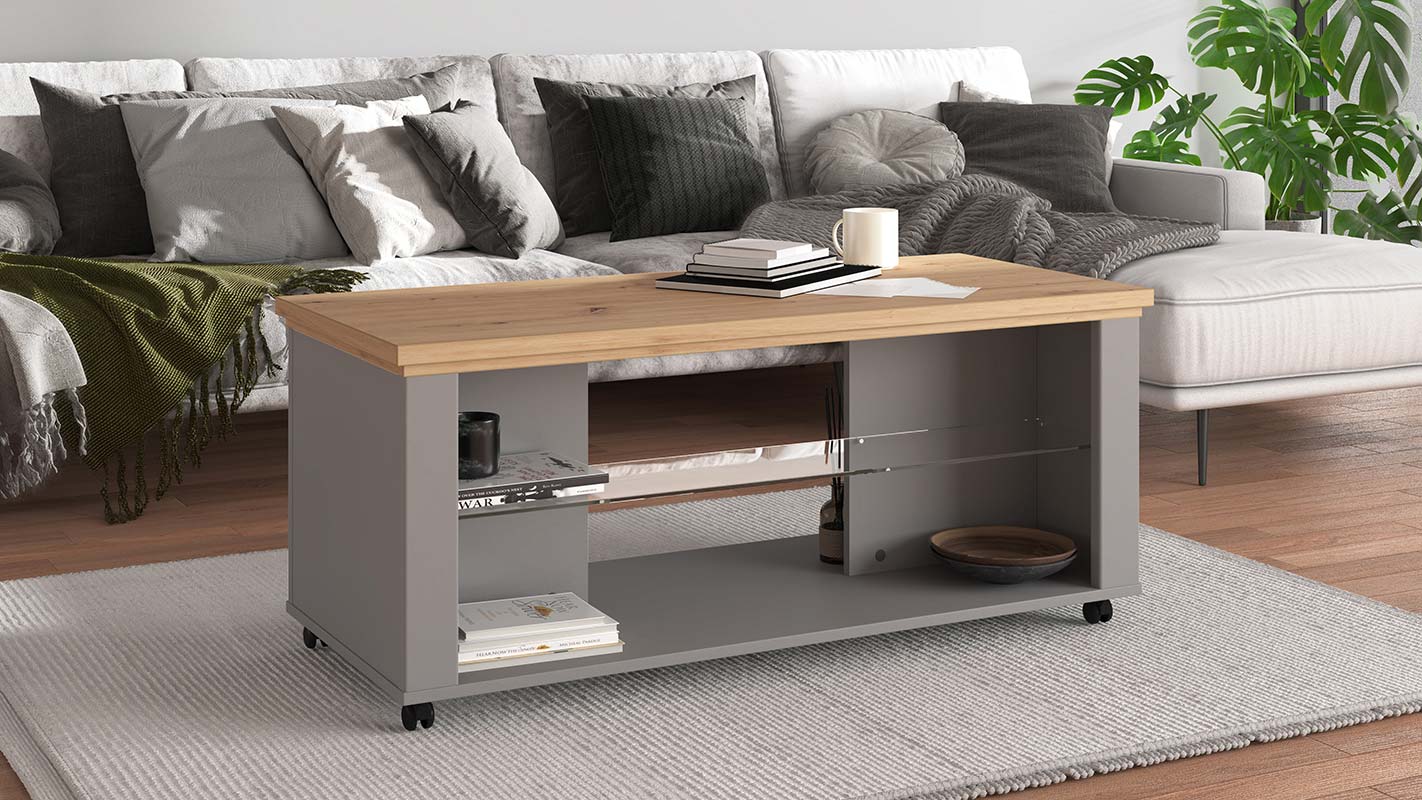 Tavolino con ripiano vetro, finitura Rovere e Grigio