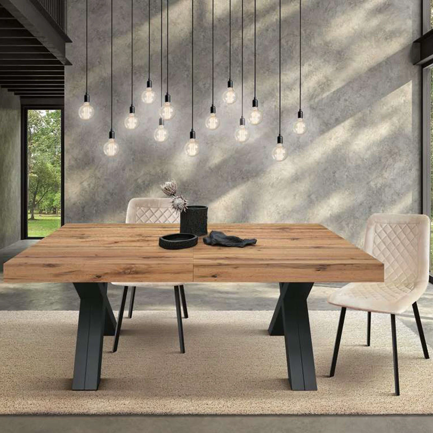 Tavolo con 6 allunghe,  colore nero e piano in nobilitato finitura Rovere rustico 