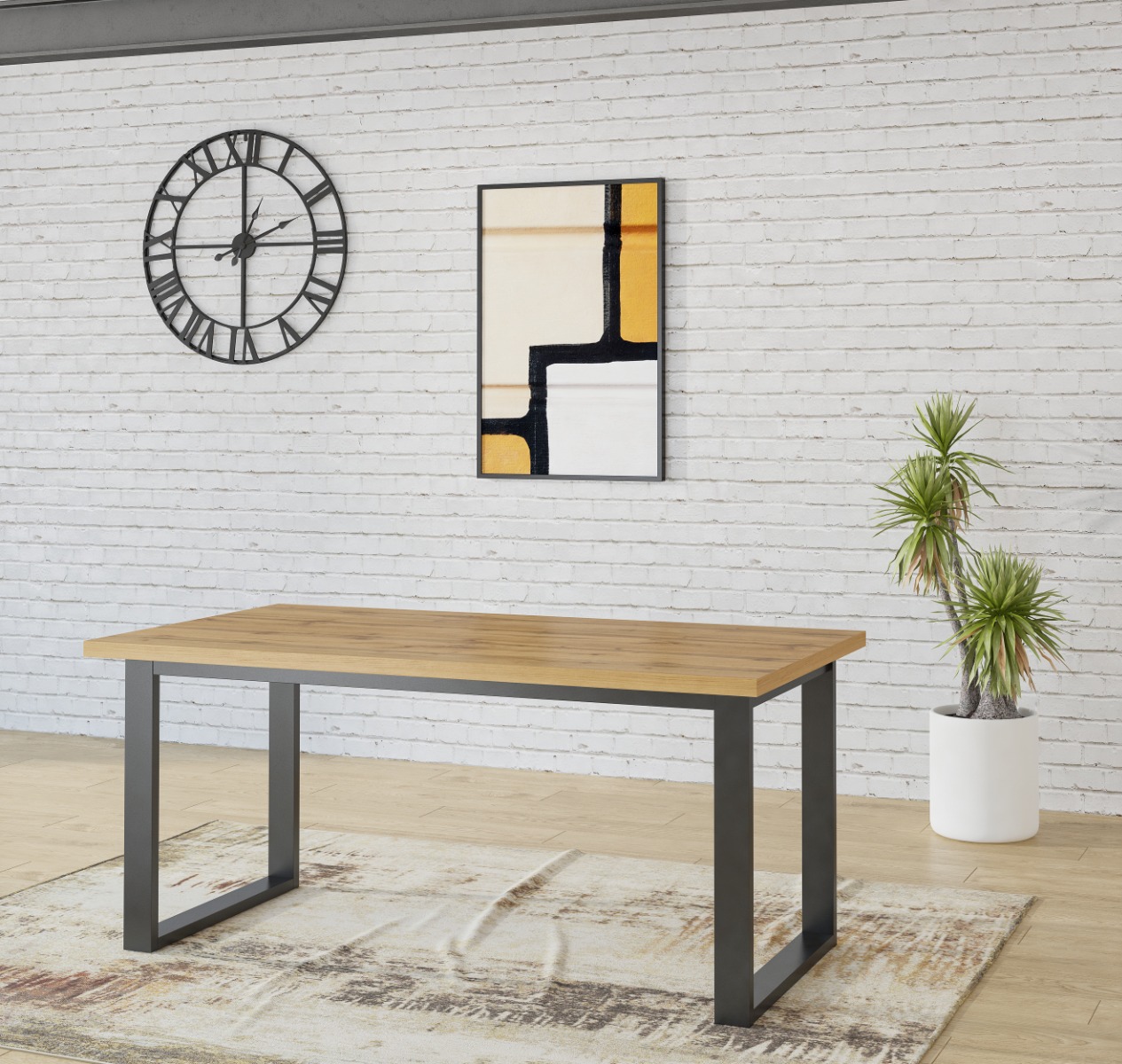 Tavolo moderno di design allungabile, finitura quercia e dettagli metallo nero