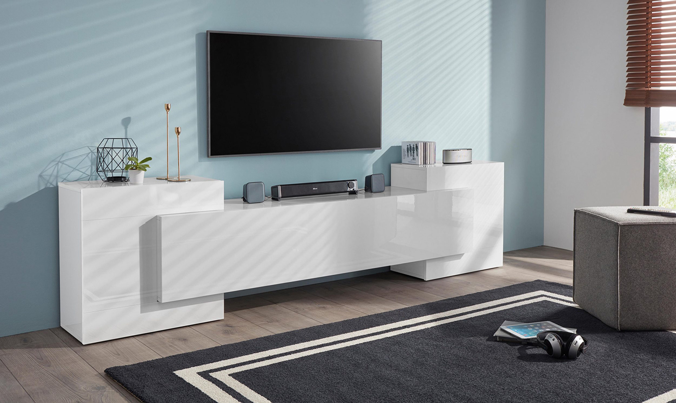 Porta TV moderno Bianco Lucido con 2 ante e 1 ribalta