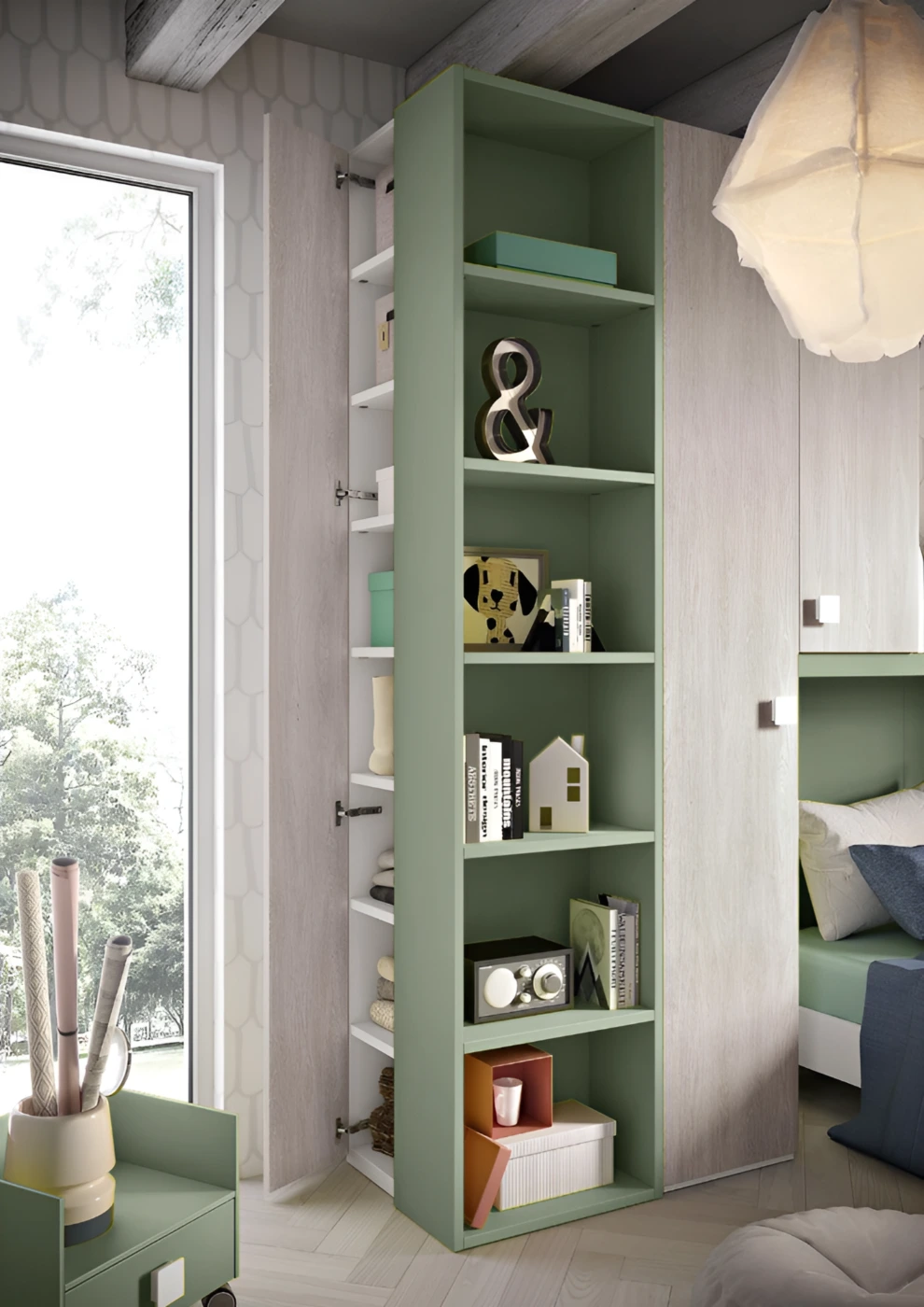 Cameretta con soppalco a 2 posti letto in Bianco frassino, Gessato cenere e Salvia