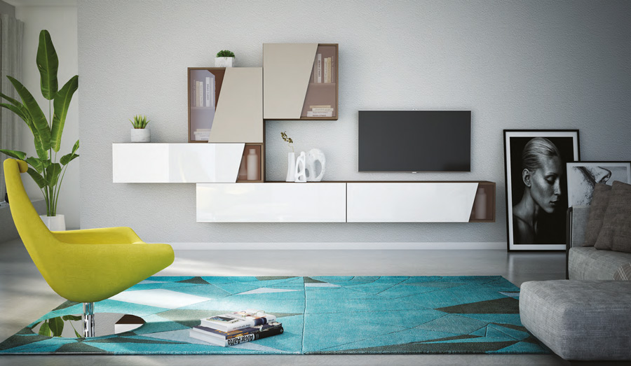 Parete attrezzata Noce, Visone, Bianco Laccato con dettagli in vetro, Made in Italy